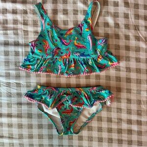 Posh Peanut Lisa Frank Teal Dolphin Print Ruffle Bikini - Pink Trim